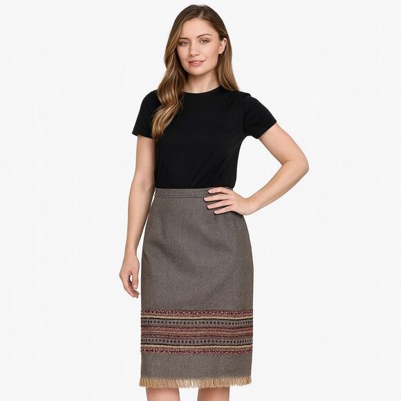 Sag Harbor Petite Wool Blend Midi Skirt with Fringe Hem & Woven Trim – Size 16P - Picture 1 of 11